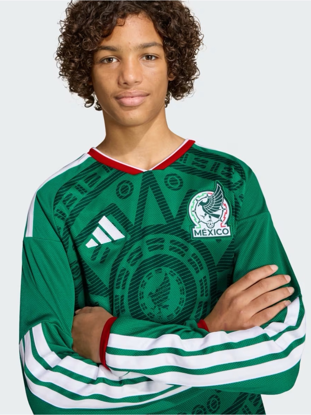 adidas Mexico 26 Home Green Long-Sleeve Kids Soccer Jersey with Red & White Trim